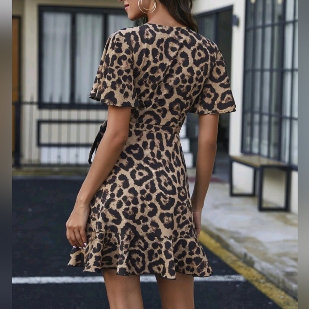 New Chic Animal Print Wrap Dress Mini Ruffle Tie Tan Black - Picture 4 of 8
